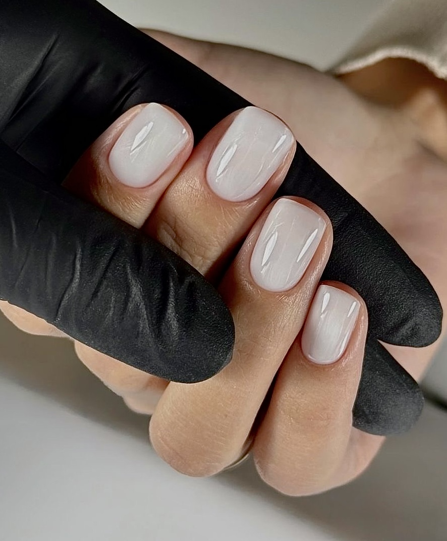 Glossy milky white short square nails